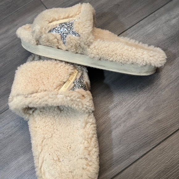 Golden Goose Shearling Slides Pool Star 42 Cream with Silver Glitter Star - Picture 5 of 8